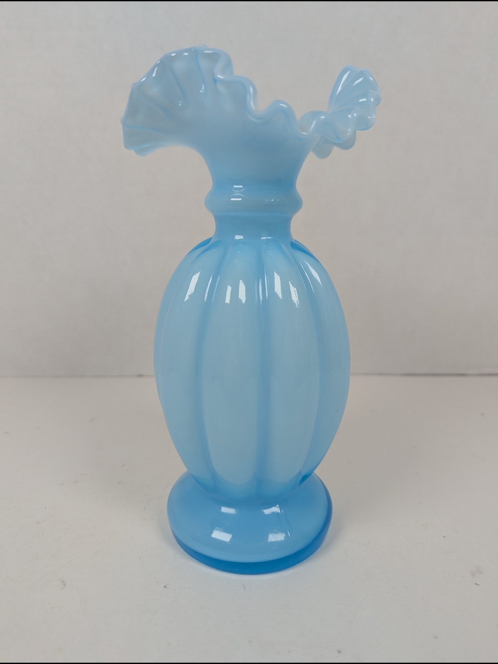VTG Fenton Art Glass Vase Blue Ruffle Melon 8 inch